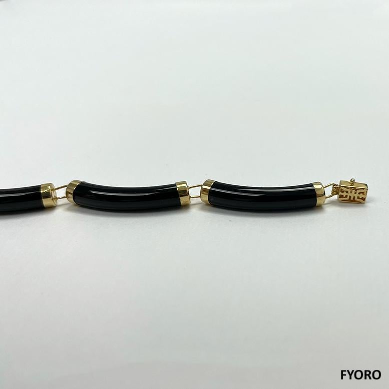 Fortune Black Onyx Tube Bars Bracelet with 14K Solid Yellow Gold links and clasp For Sale 4