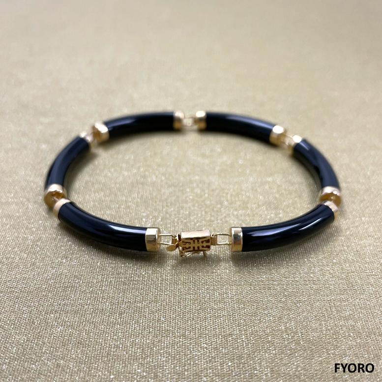 Fortune Black Onyx Tube Bars Bracelet with 14K Solid Yellow Gold links and clasp For Sale 5