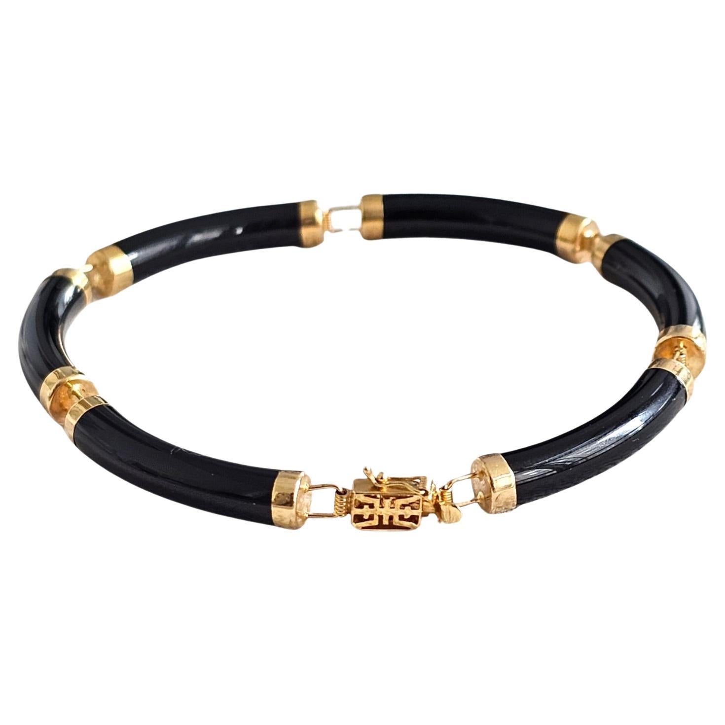 Fortune Black Onyx Tube Bars Bracelet with 14K Solid Yellow Gold links and clasp For Sale