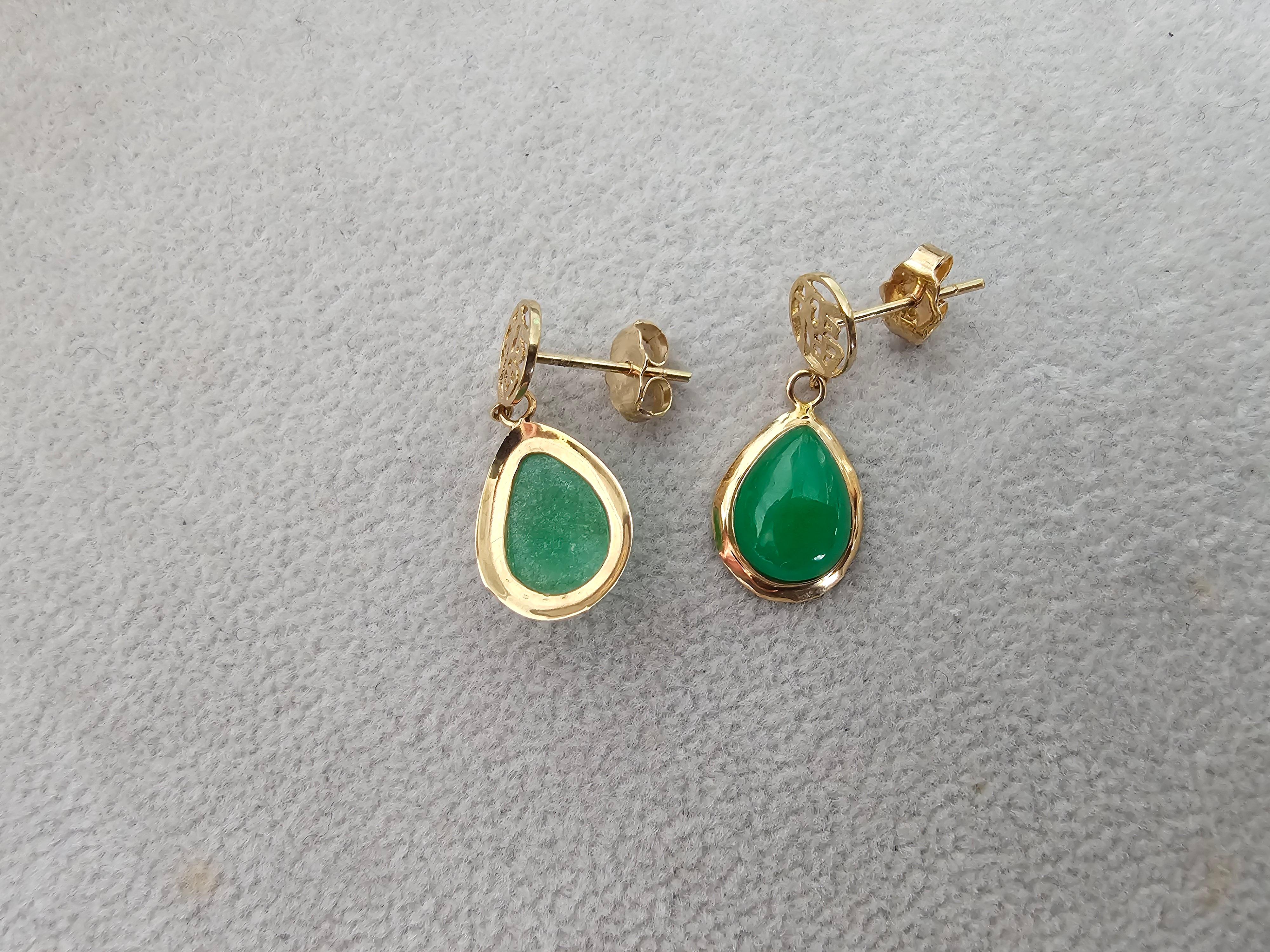 Fortune Drop Green Jade Earrings With 14K Solid Yellow Gold For Sale 5