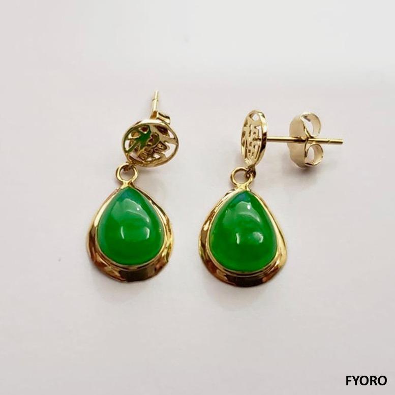 Cabochon Fortune Drop Green Jade Earrings With 14K Solid Yellow Gold For Sale