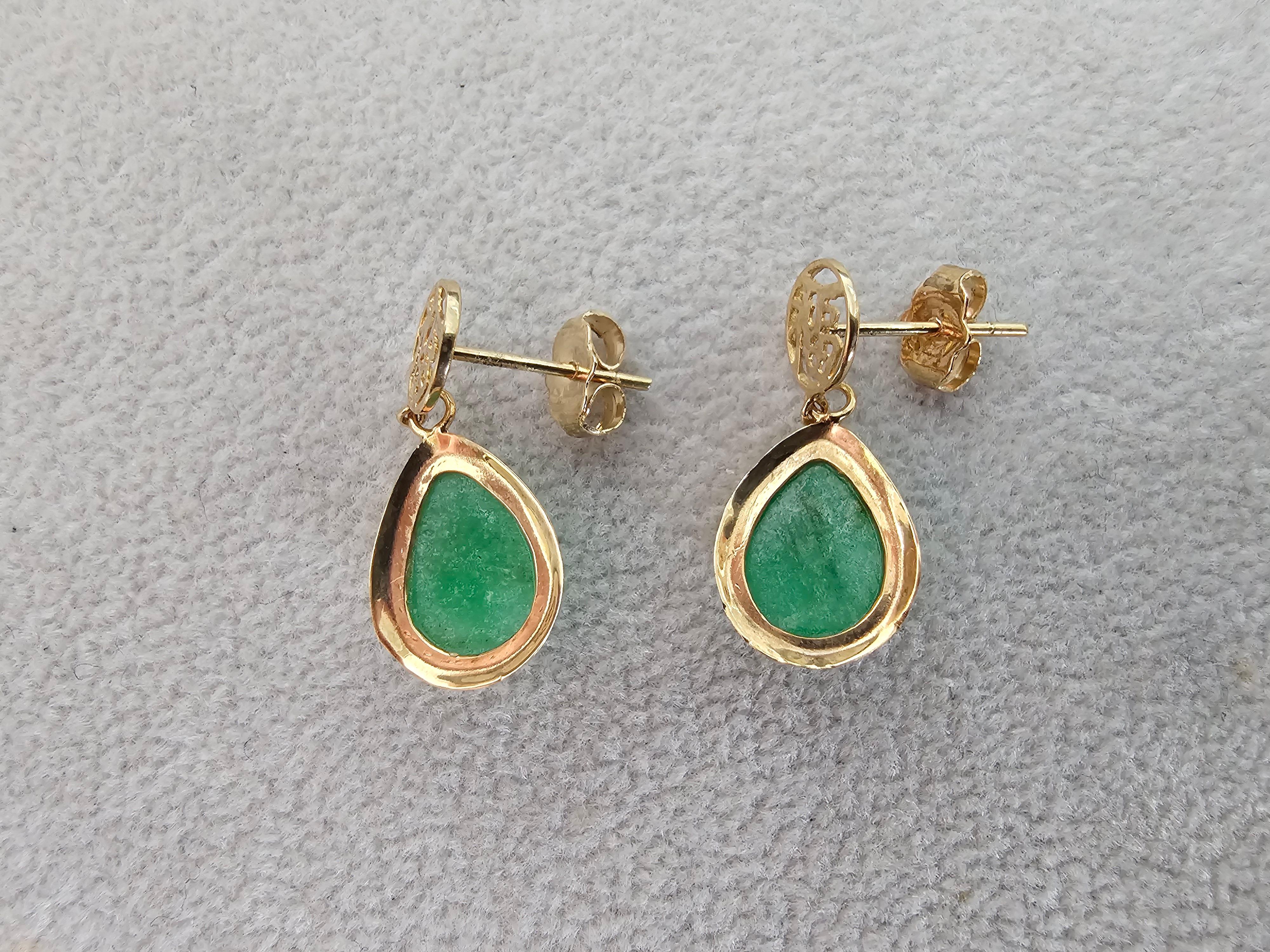 Fortune Drop Green Jade Earrings With 14K Solid Yellow Gold For Sale 4