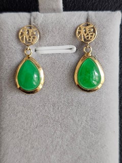 Fortune Drop Green Jade Earrings With 14K Solid Yellow Gold