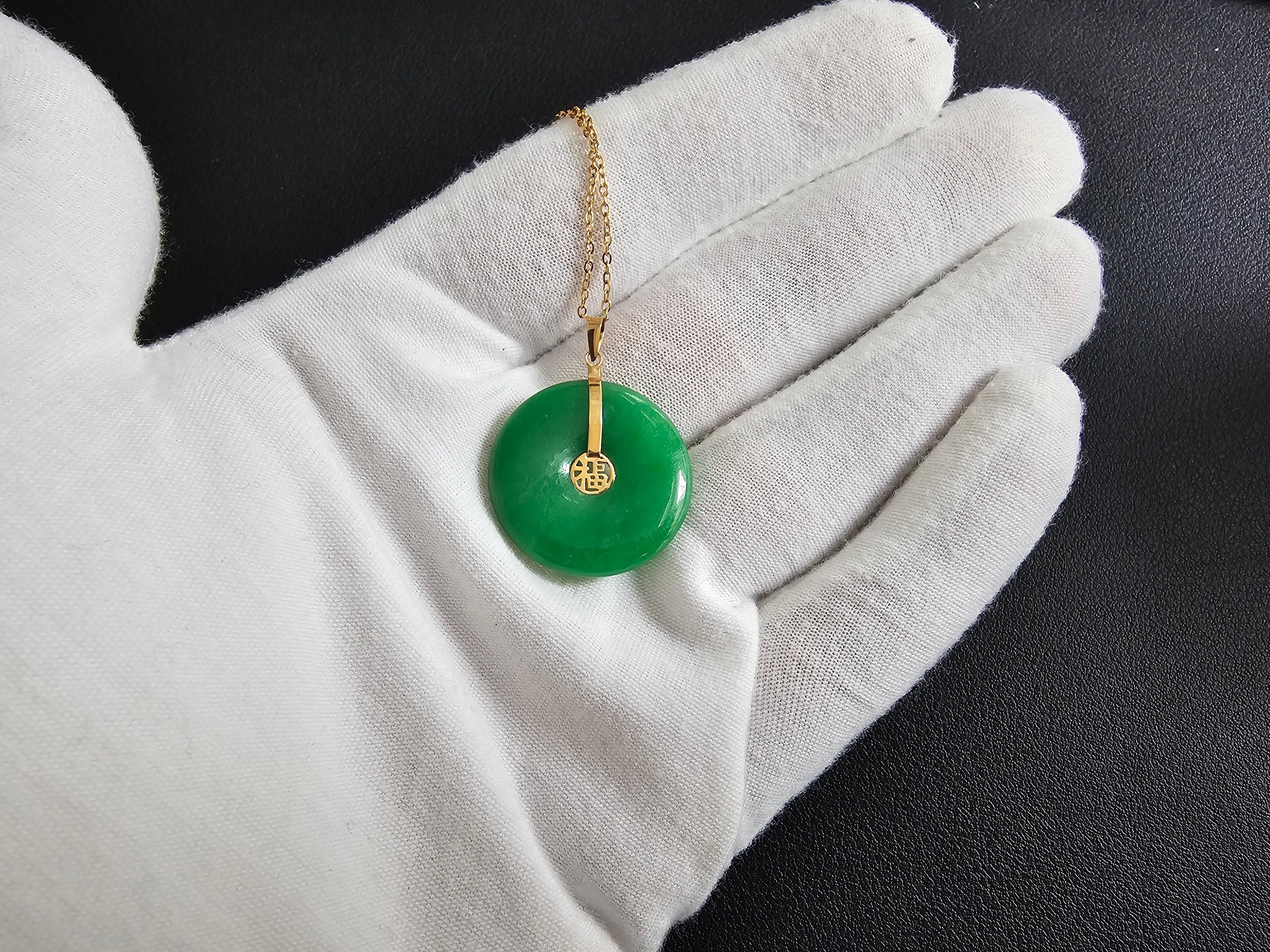 Cabochon Fortune Green Jade Donut Disc Pendant with 14K Solid Yellow Gold For Sale