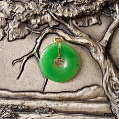 Fortune Green Jade Donut Disc Pendant with 14K Solid Yellow Gold
