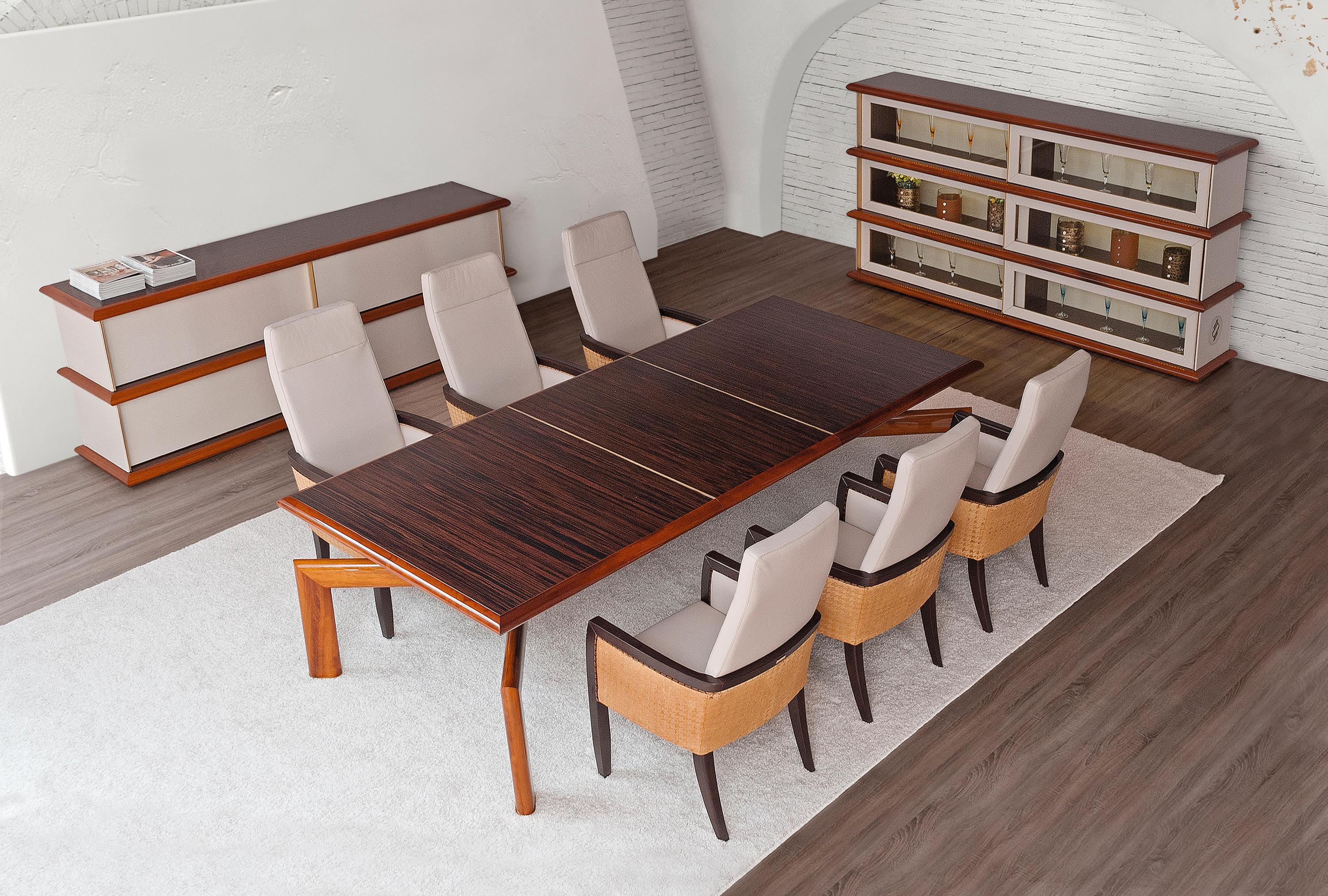 The Fortune 1 dining table has a contemporary style, it is made of iroko wood and ebony wood finished in gloss. Iroko wood is a hard, stable and very resistant wood; in light brown or yellowish / gold color finishes. 
Ebony wood is a wood whose