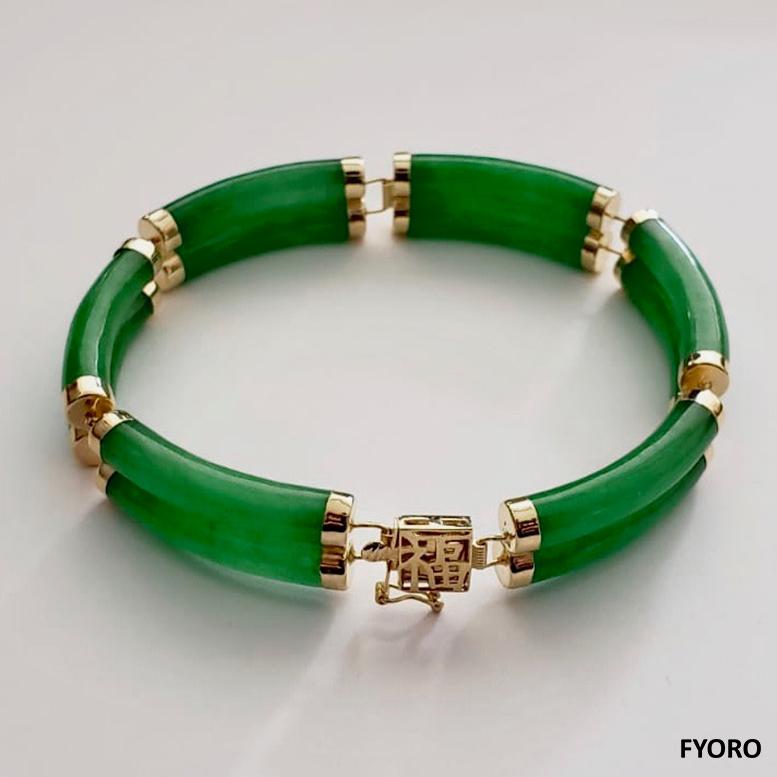 Fortune Jade Bracelet Double Bars with 14K Solid Yellow Gold links and clasp For Sale 6