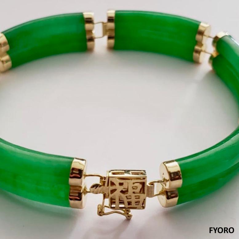 Fortune Jade Bracelet Double Bars with 14K Solid Yellow Gold links and clasp For Sale 7
