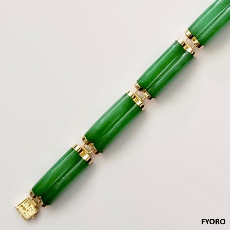 Fortune Jade Bracelet Double Bars with 14K Solid Yellow Gold links and clasp For Sale 8