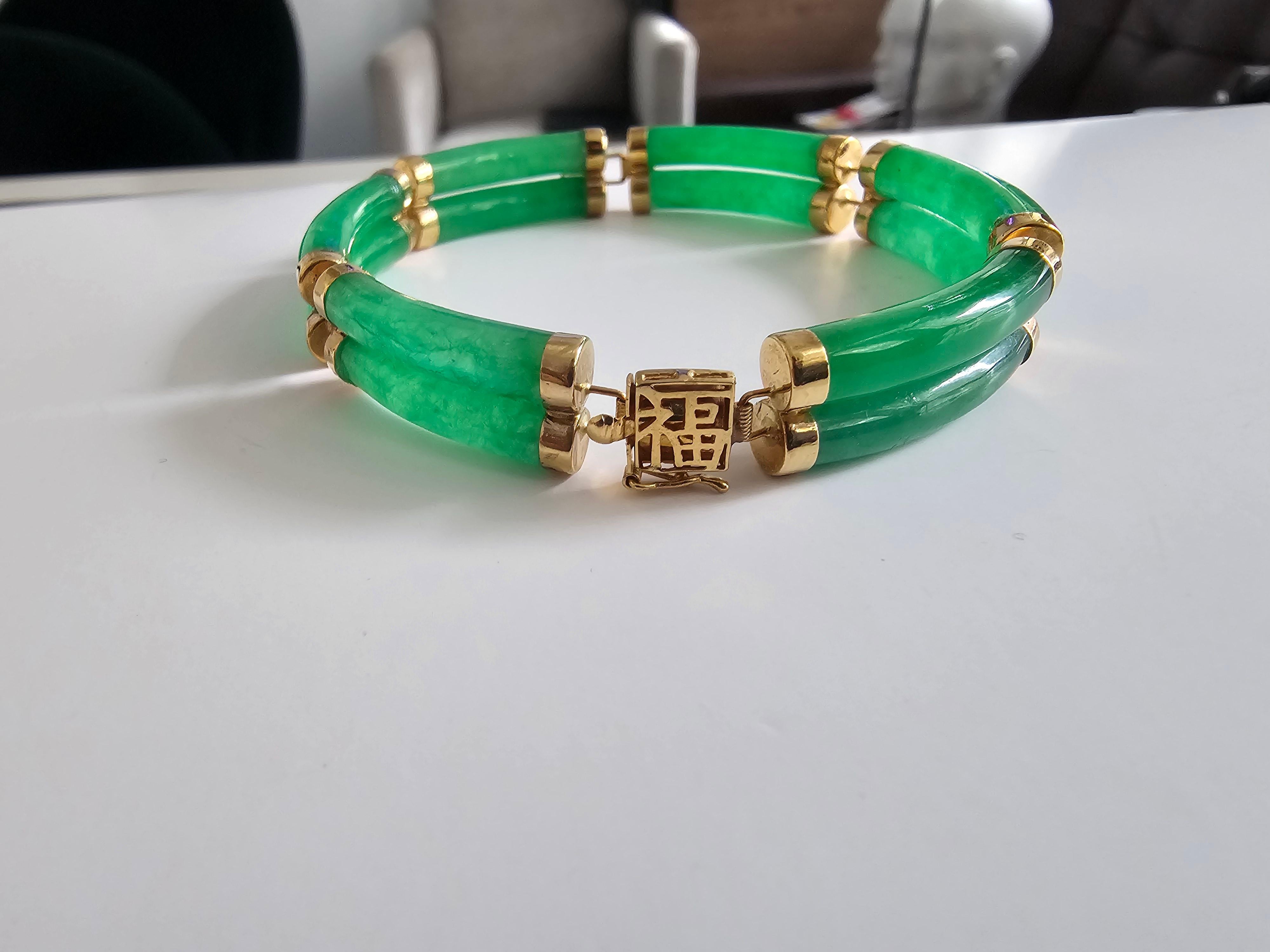 Fortune Jade-Armband mit doppelten Bändern mit Gliedern und Verschluss aus 14K massivem Gelbgold im Angebot 9