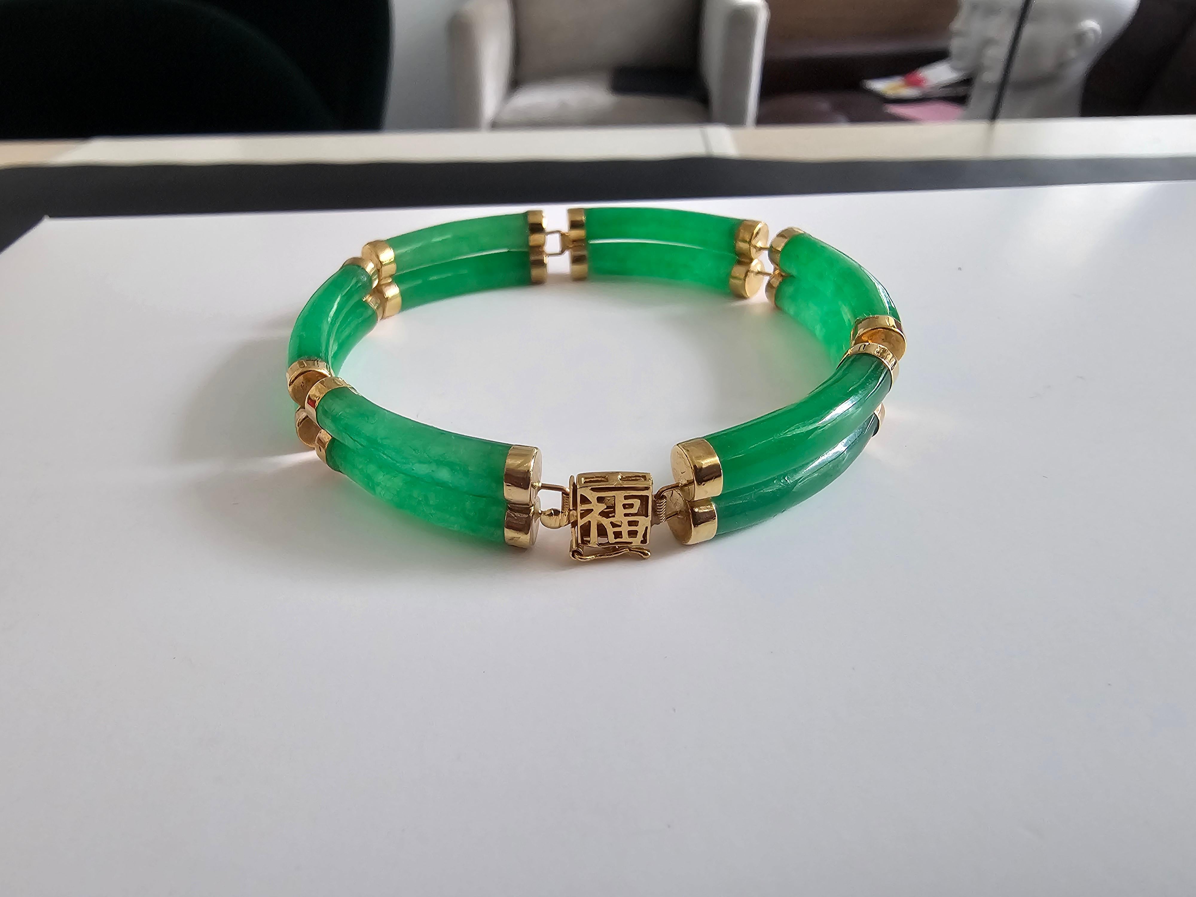 Fortune Jade-Armband mit doppelten Bändern mit Gliedern und Verschluss aus 14K massivem Gelbgold im Angebot 10