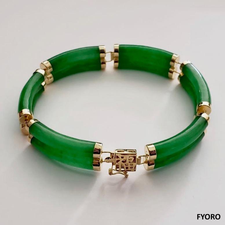 Fortune Jade Bracelet Double Bars with 14K Solid Yellow Gold links and clasp In New Condition For Sale In Kowloon, HK
