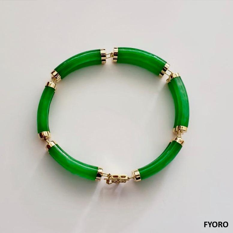 Fortune Jade-Armband mit doppelten Bändern mit Gliedern und Verschluss aus 14K massivem Gelbgold für Damen oder Herren im Angebot