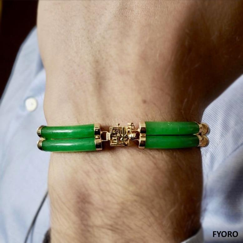 Fortune Jade-Armband mit doppelten Bändern mit Gliedern und Verschluss aus 14K massivem Gelbgold im Angebot 1