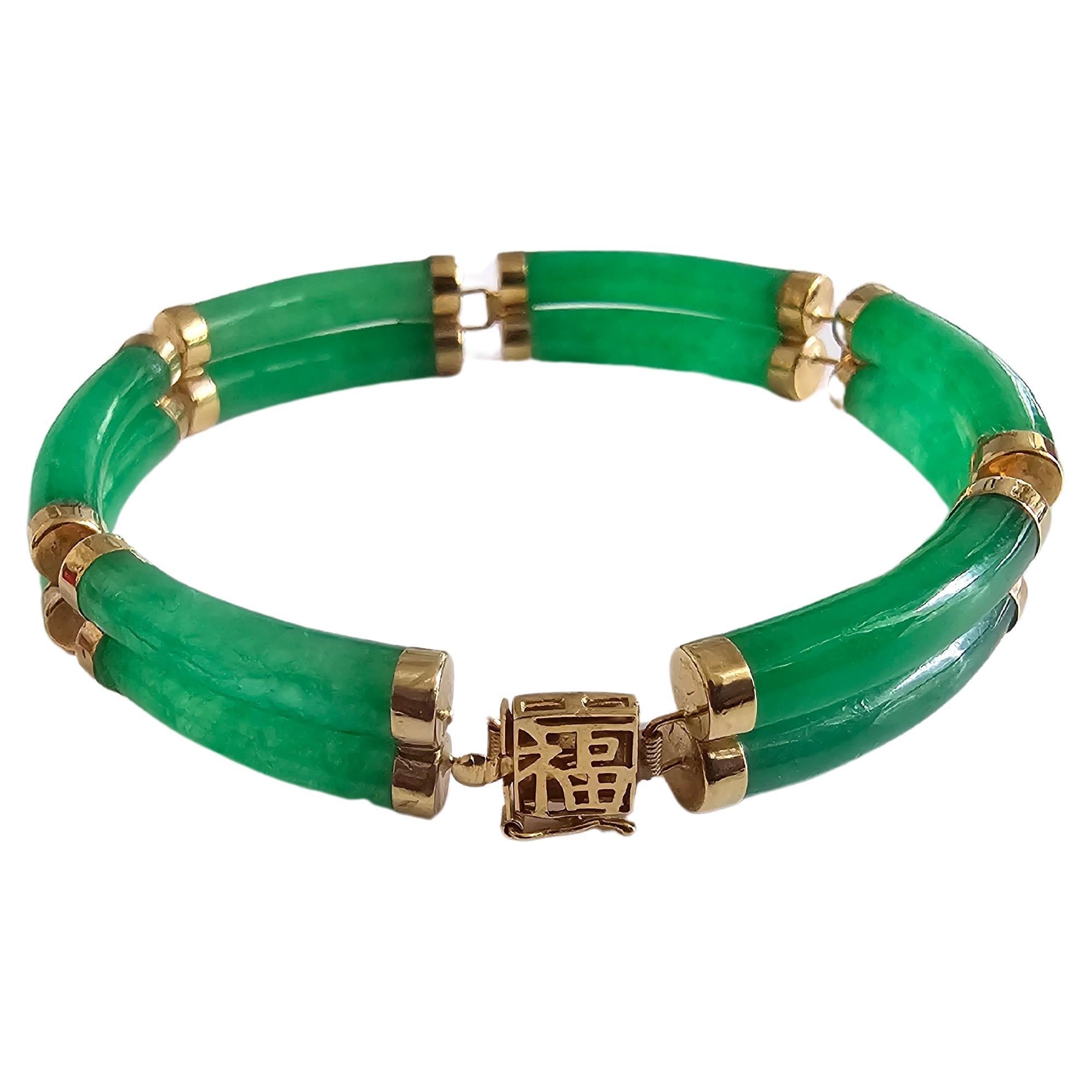 Fortune Jade Bracelet Double Bars with 14K Solid Yellow Gold links and clasp For Sale