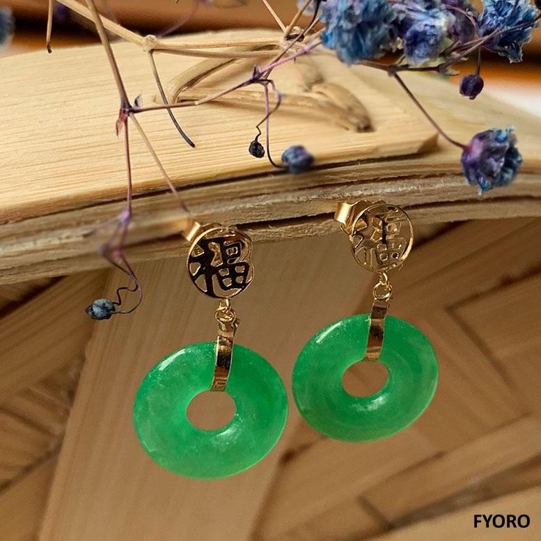 Fortune Jade Donut Disc drop and Dangle Earrings (with Solid 14K Yellow Gold) For Sale 5