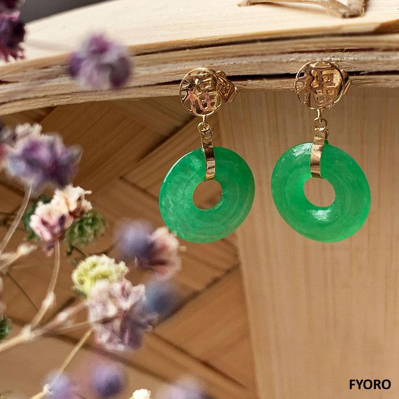 Fortune Jade Donut Disc drop and Dangle Earrings (with Solid 14K Yellow Gold) For Sale 6