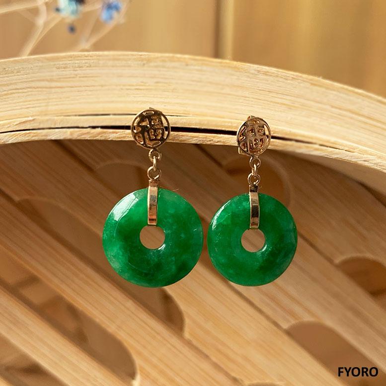 Cabochon Fortune Jade Donut Disc drop and Dangle Earrings (with Solid 14K Yellow Gold) For Sale