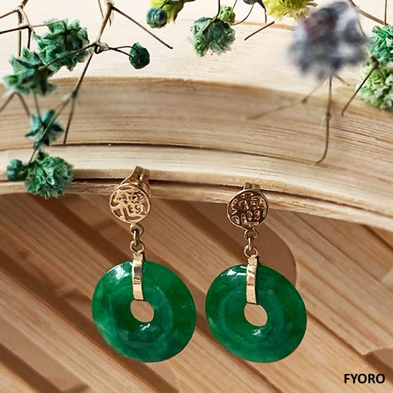Fortune Jade Donut Disc drop and Dangle Earrings (with Solid 14K Yellow Gold) In New Condition For Sale In Kowloon, HK