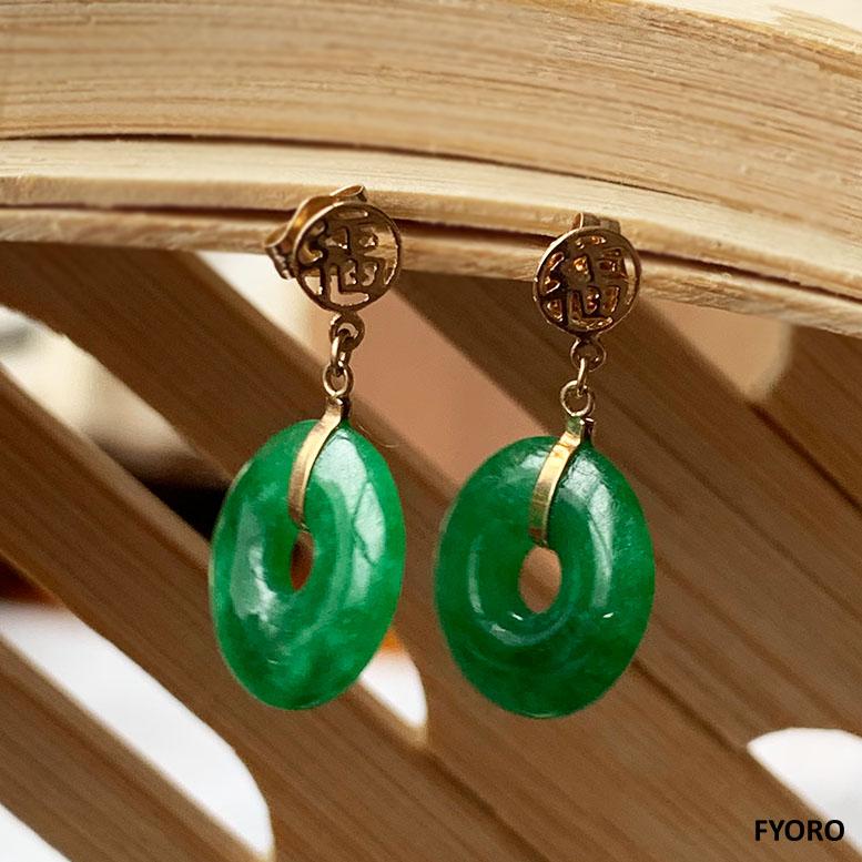 Women's or Men's Fortune Jade Donut Disc drop and Dangle Earrings (with Solid 14K Yellow Gold) For Sale