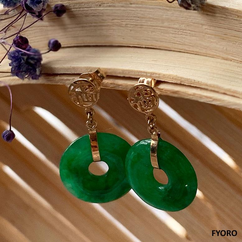 Fortune Jade Donut Disc drop and Dangle Earrings (with Solid 14K Yellow Gold) For Sale 1