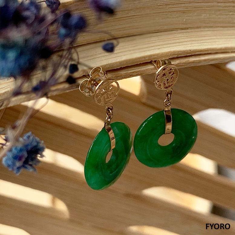 Fortune Jade Donut Disc drop and Dangle Earrings (with Solid 14K Yellow Gold) For Sale 2