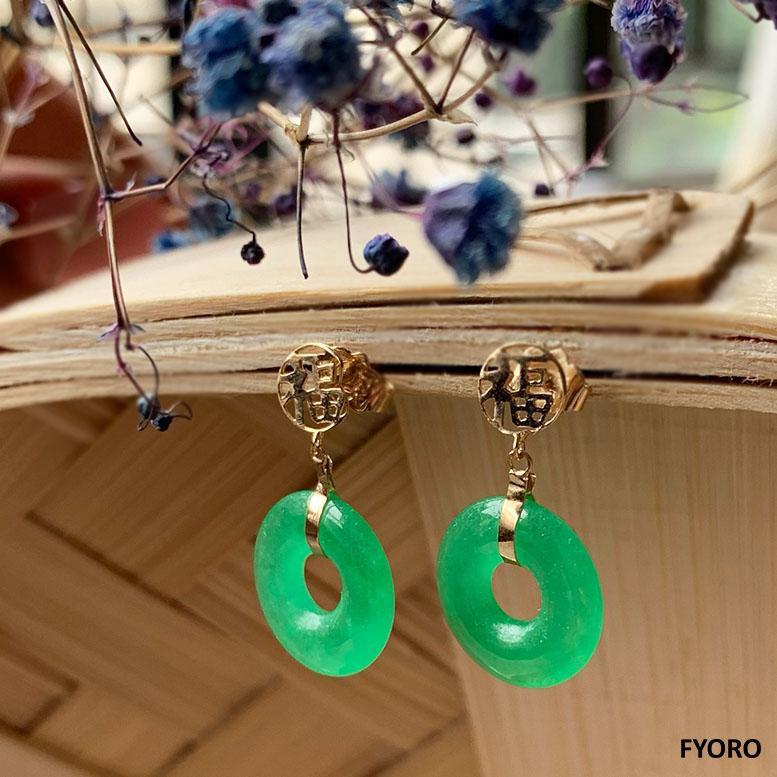 Fortune Jade Donut Disc drop and Dangle Earrings (with Solid 14K Yellow Gold) For Sale 4