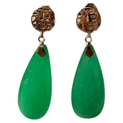 Cabochon Fortune Jade Pendulum drop and Dangle Earrings (with Solid 14K Yellow Gold) For Sale