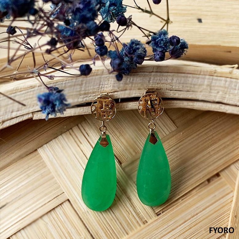 Fortune Jade Pendulum drop and Dangle Earrings (with Solid 14K Yellow Gold) For Sale 2