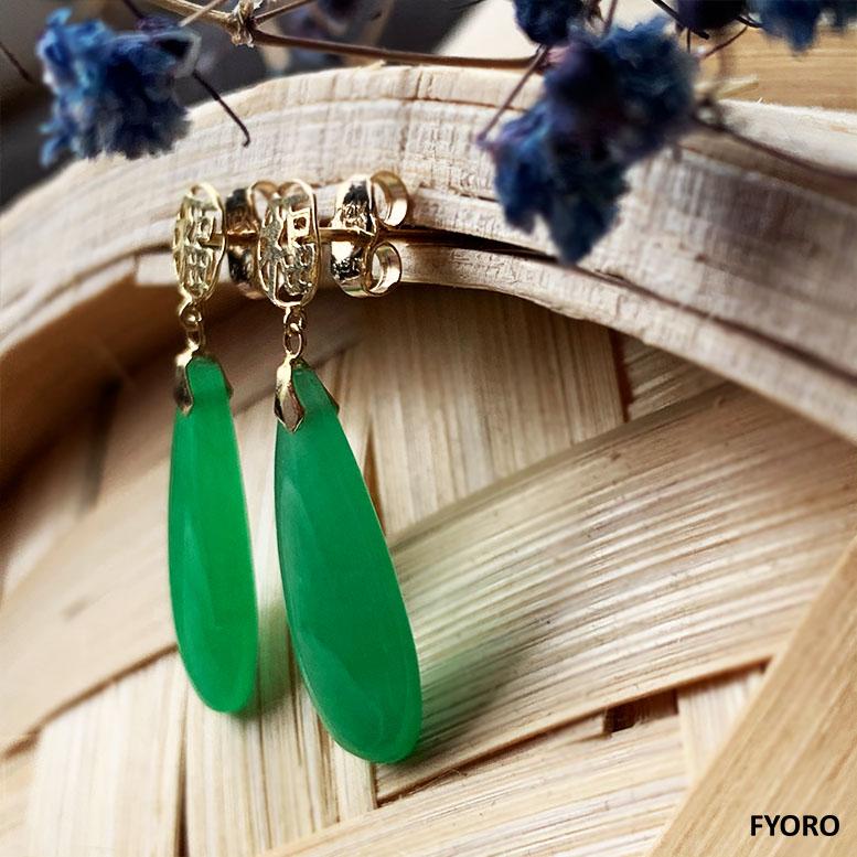 Fortune Jade Pendulum drop and Dangle Earrings (with Solid 14K Yellow Gold) For Sale 3