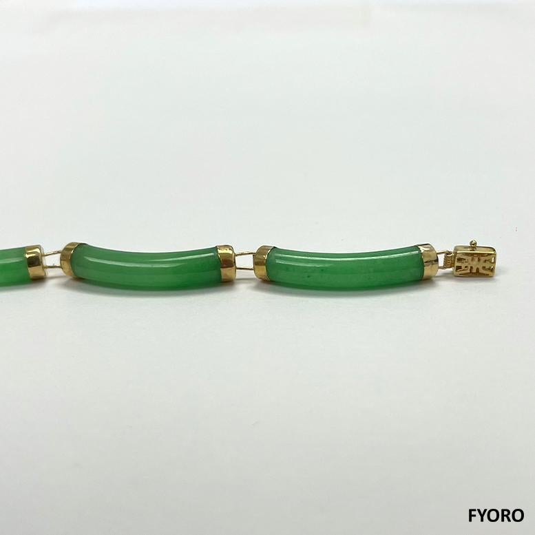 Cabochon Fortune Jadeite Tube Bars Bracelet with 14K Solid Yellow Gold links and clasp For Sale