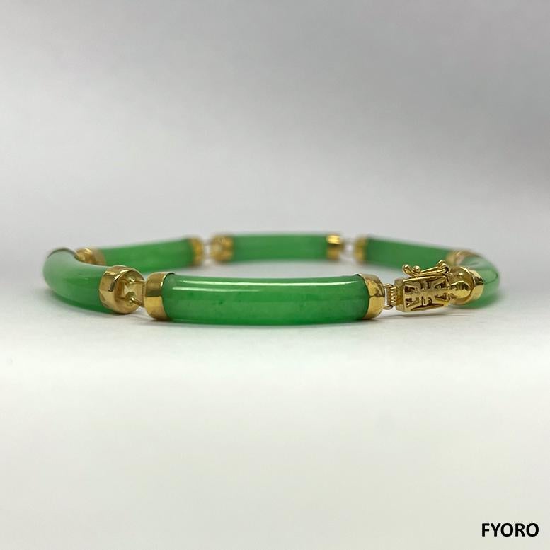 Fortune Jadeite Tube Bars Bracelet with 14K Solid Yellow Gold links and clasp In New Condition For Sale In Kowloon, HK