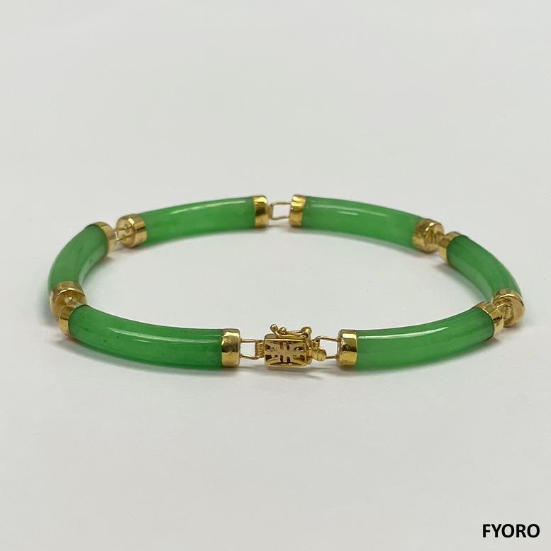 Women's or Men's Fortune Jadeite Tube Bars Bracelet with 14K Solid Yellow Gold links and clasp For Sale