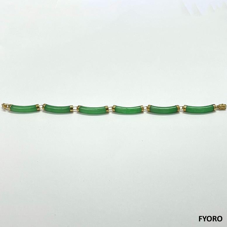 Fortune Jadeite Tube Bars Bracelet with 14K Solid Yellow Gold links and clasp For Sale 1