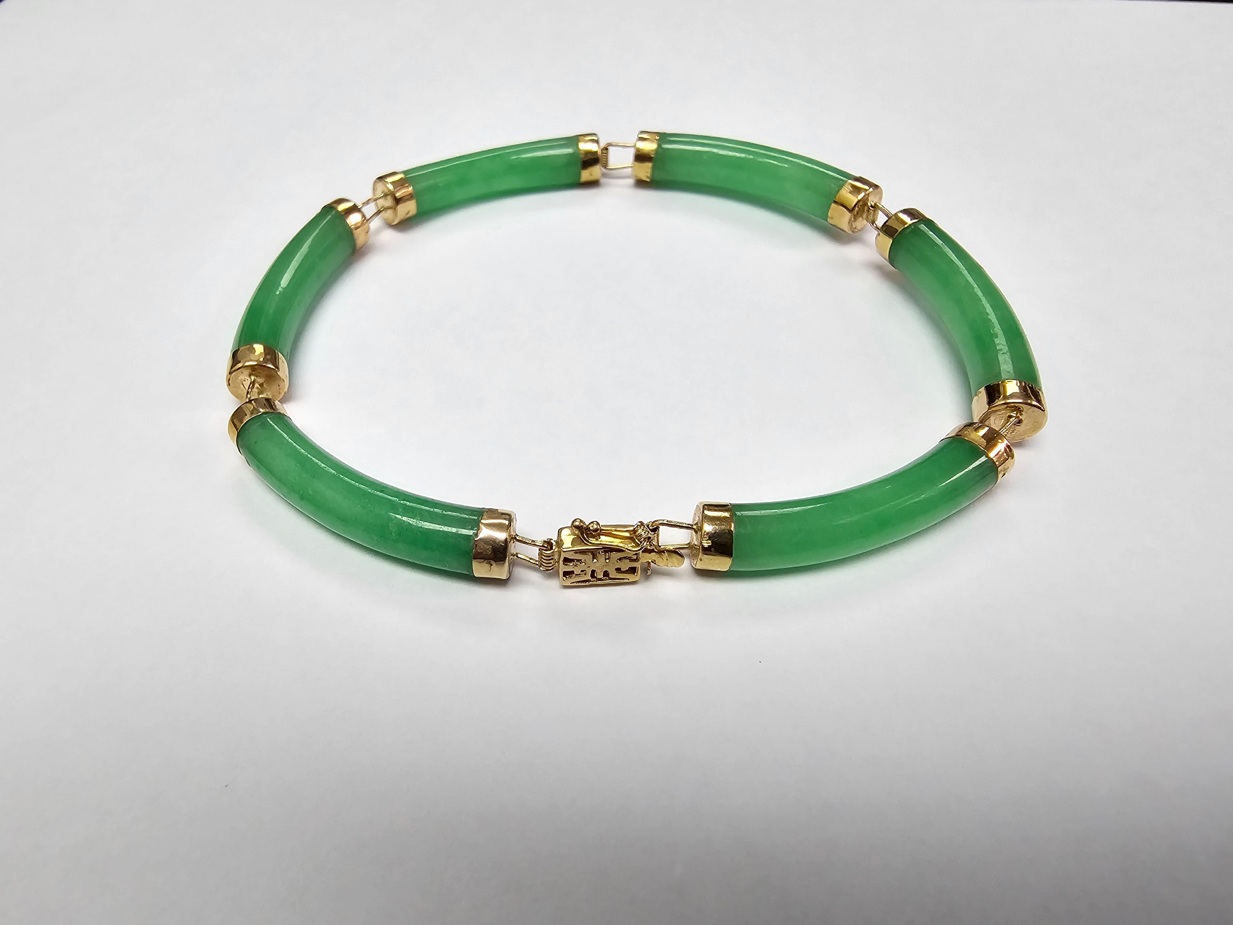 Fortune Jadeite Tube Bars Bracelet with 14K Solid Yellow Gold links and clasp For Sale 2
