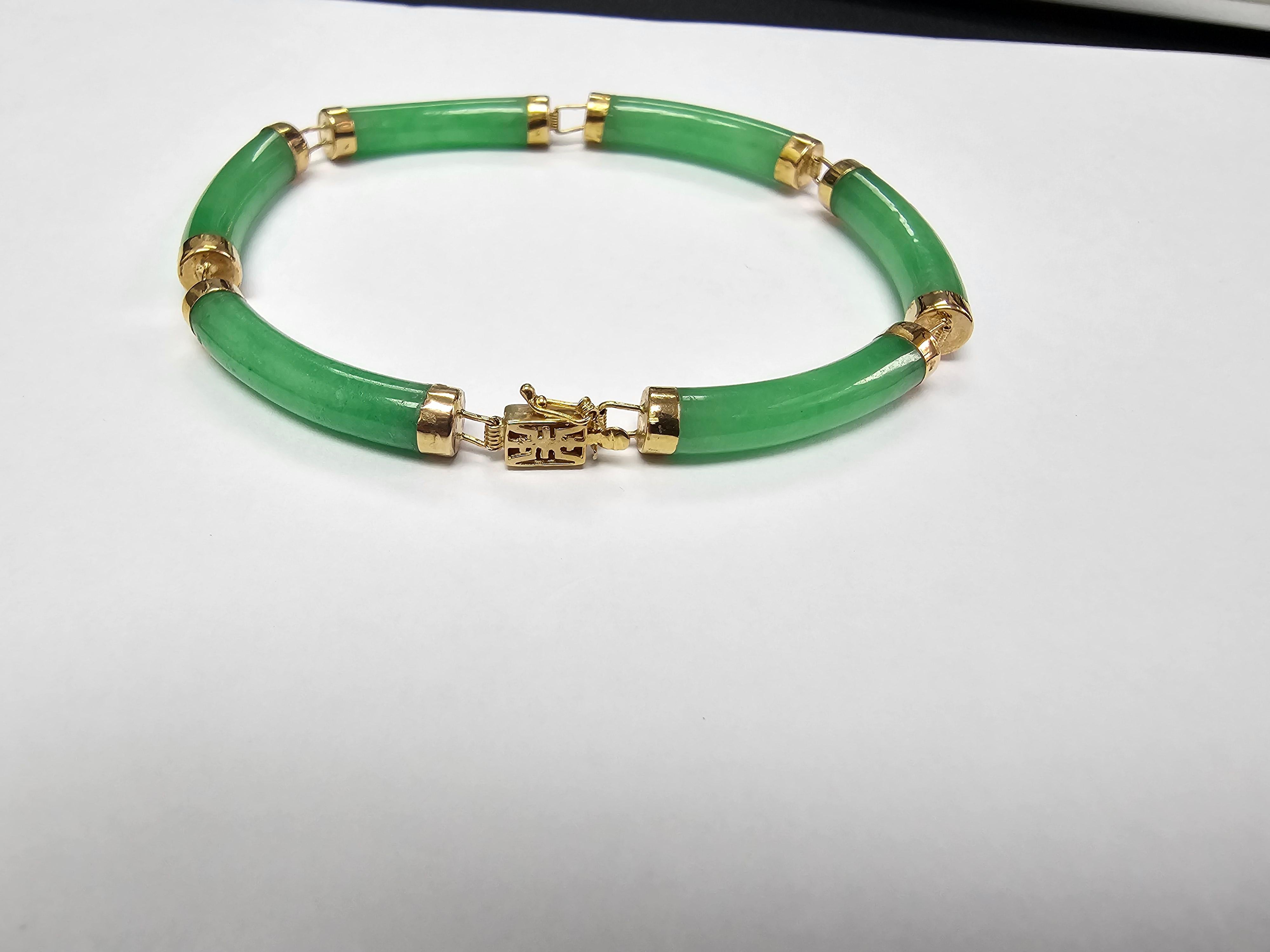 Fortune Jadeite Tube Bars Bracelet with 14K Solid Yellow Gold links and clasp For Sale 3