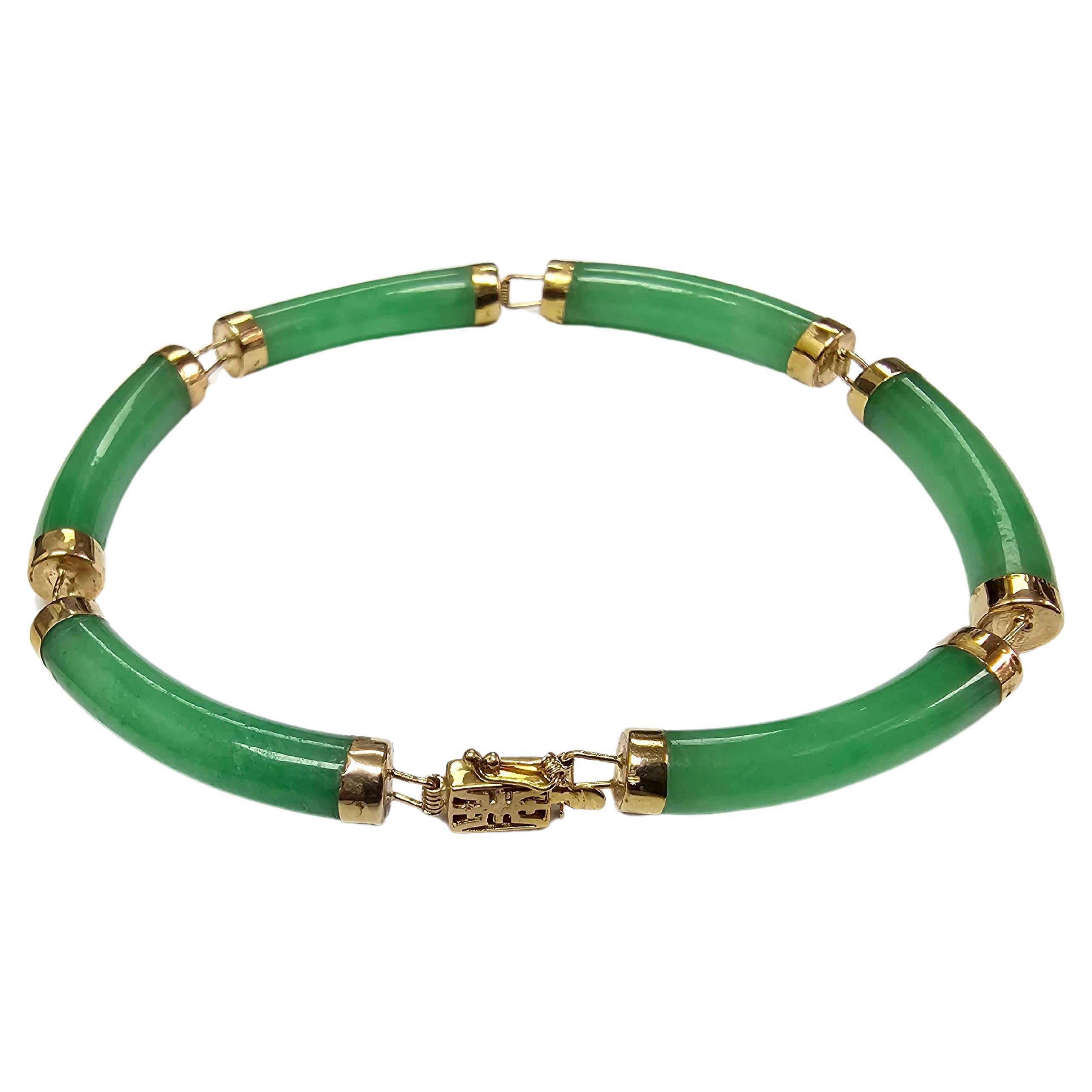 Fortune Jadeite Tube Bars Bracelet with 14K Solid Yellow Gold links and clasp For Sale