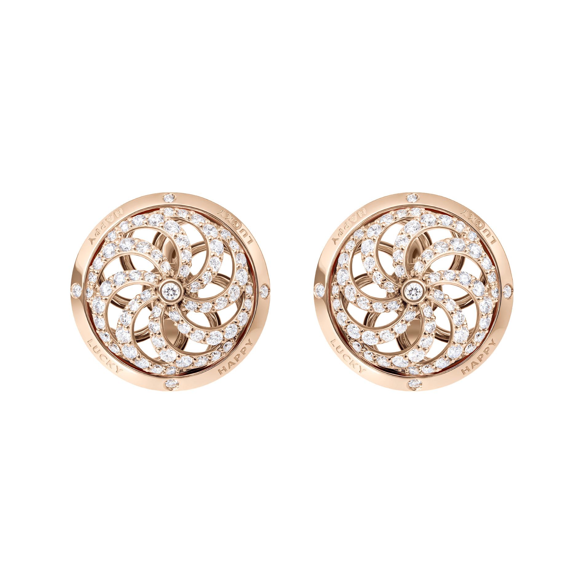 Make your own luck with our Fortune kinetic earrings. These sophisticated 18ct rose gold with white diamonds Fortune kinetic earrings offer a playful take on the Wheel of Fortune, a symbol the world over for the euphoria that one stroke of luck can