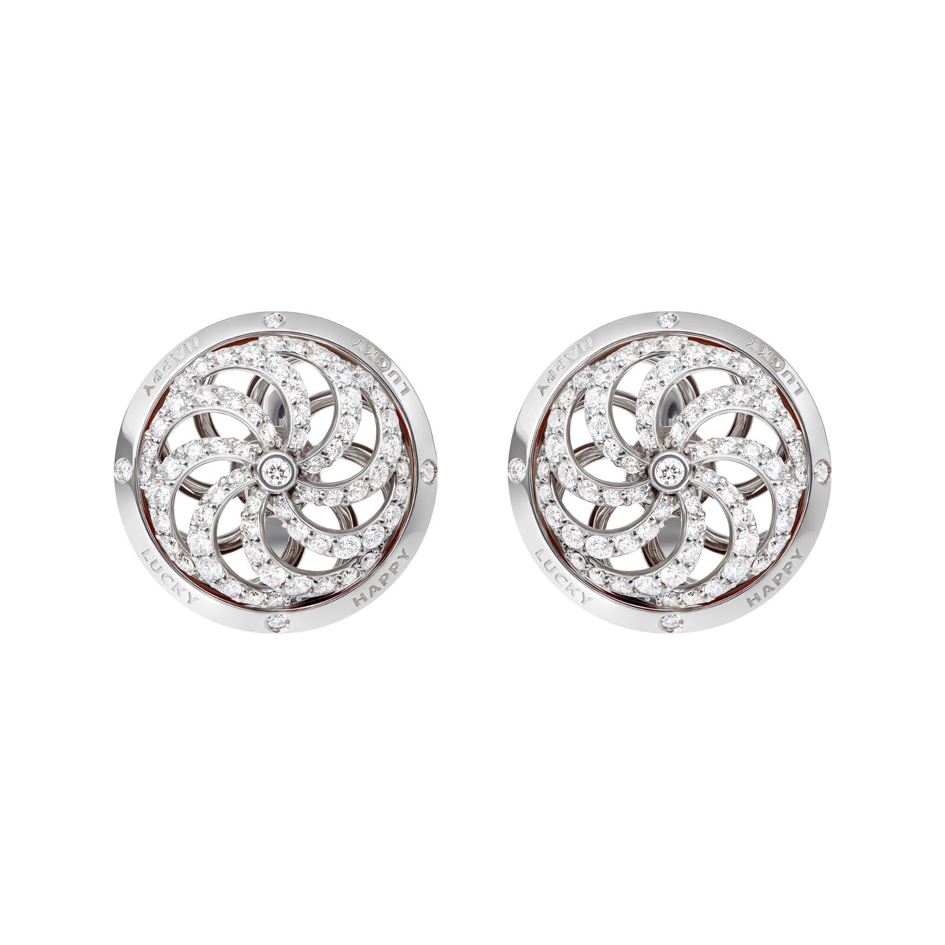 Make your own luck with our Fortune kinetic earrings. These sophisticated 18ct white gold Fortune kinetic earrings offer a playful take on the Wheel of Fortune, a symbol the world over for the euphoria that one stroke of luck can have… if you’re