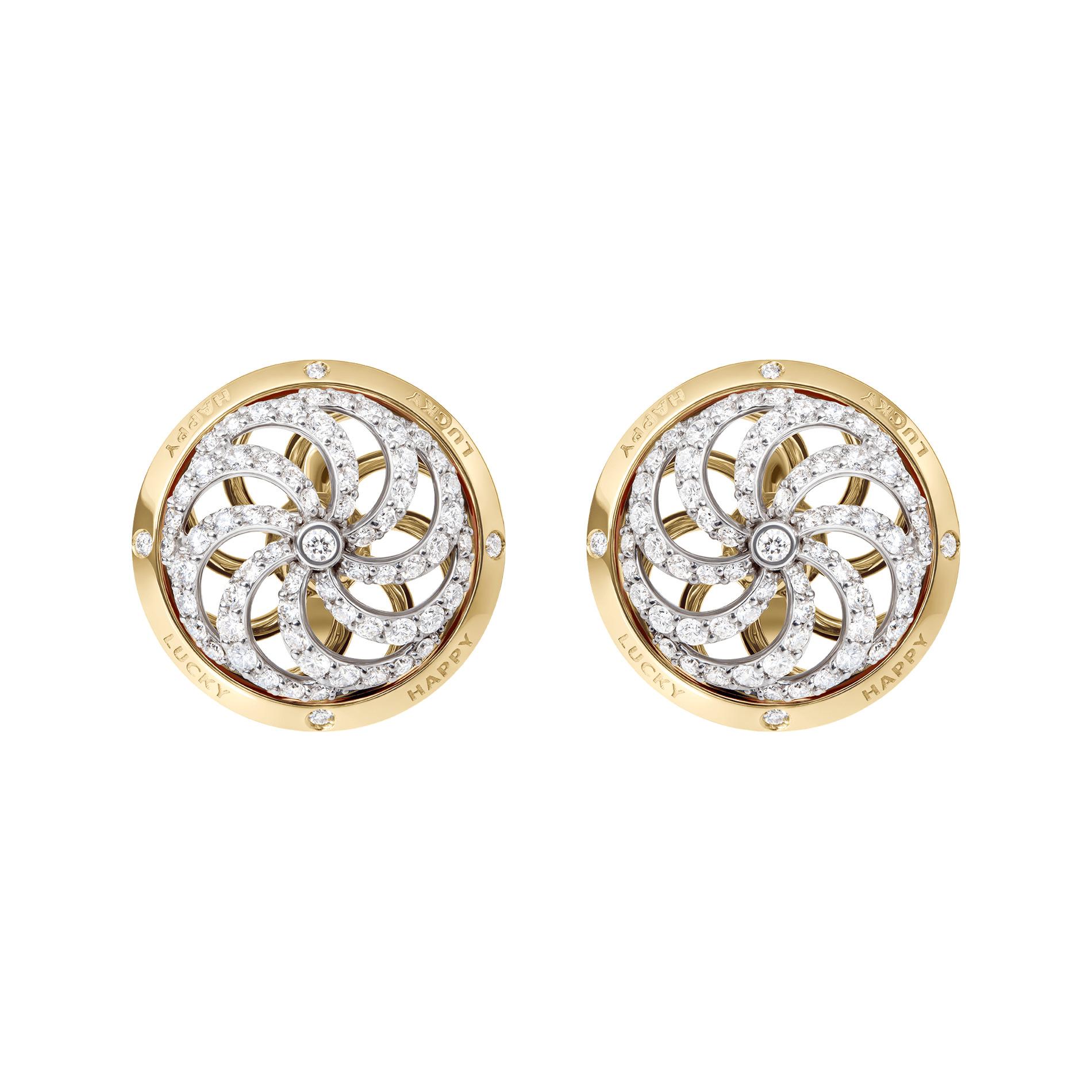 Contemporary Fortune Kinetic Earrings in White & Yellow Gold with White Diamonds For Sale