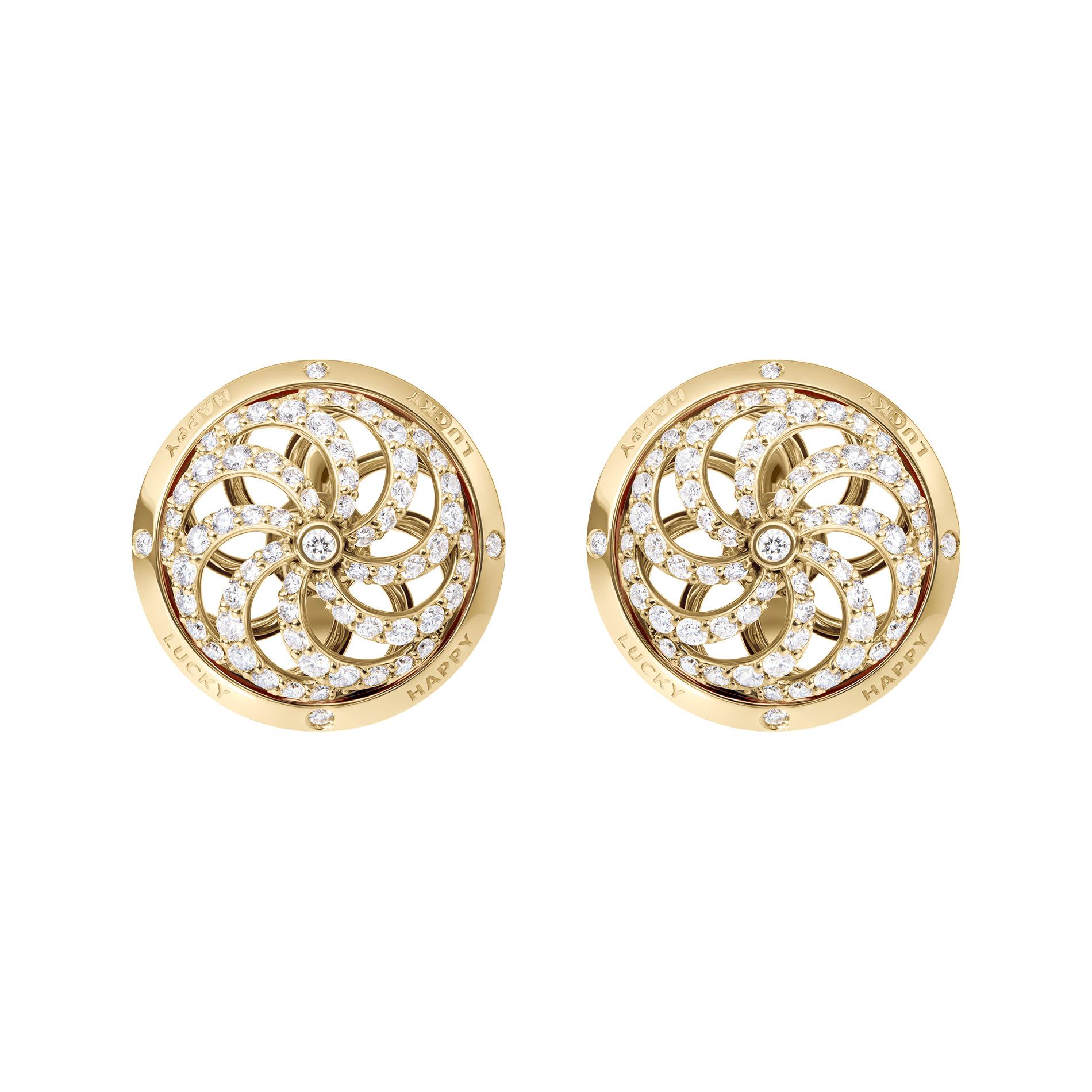 Round Cut Fortune Kinetic Earrings in Yellow Gold with White Diamonds For Sale