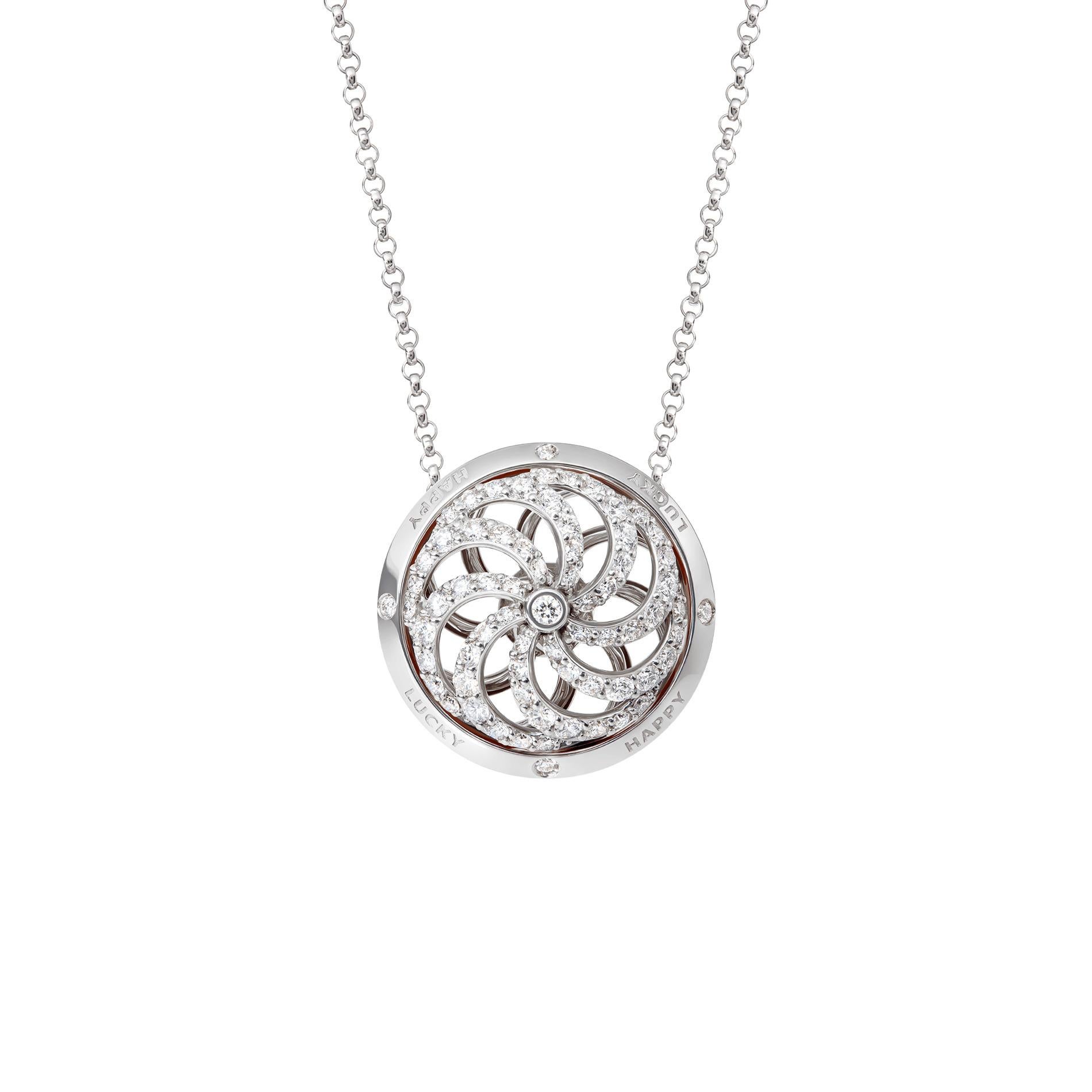 Contemporary Fortune Kinetic Pendant in White Gold with White Diamonds For Sale