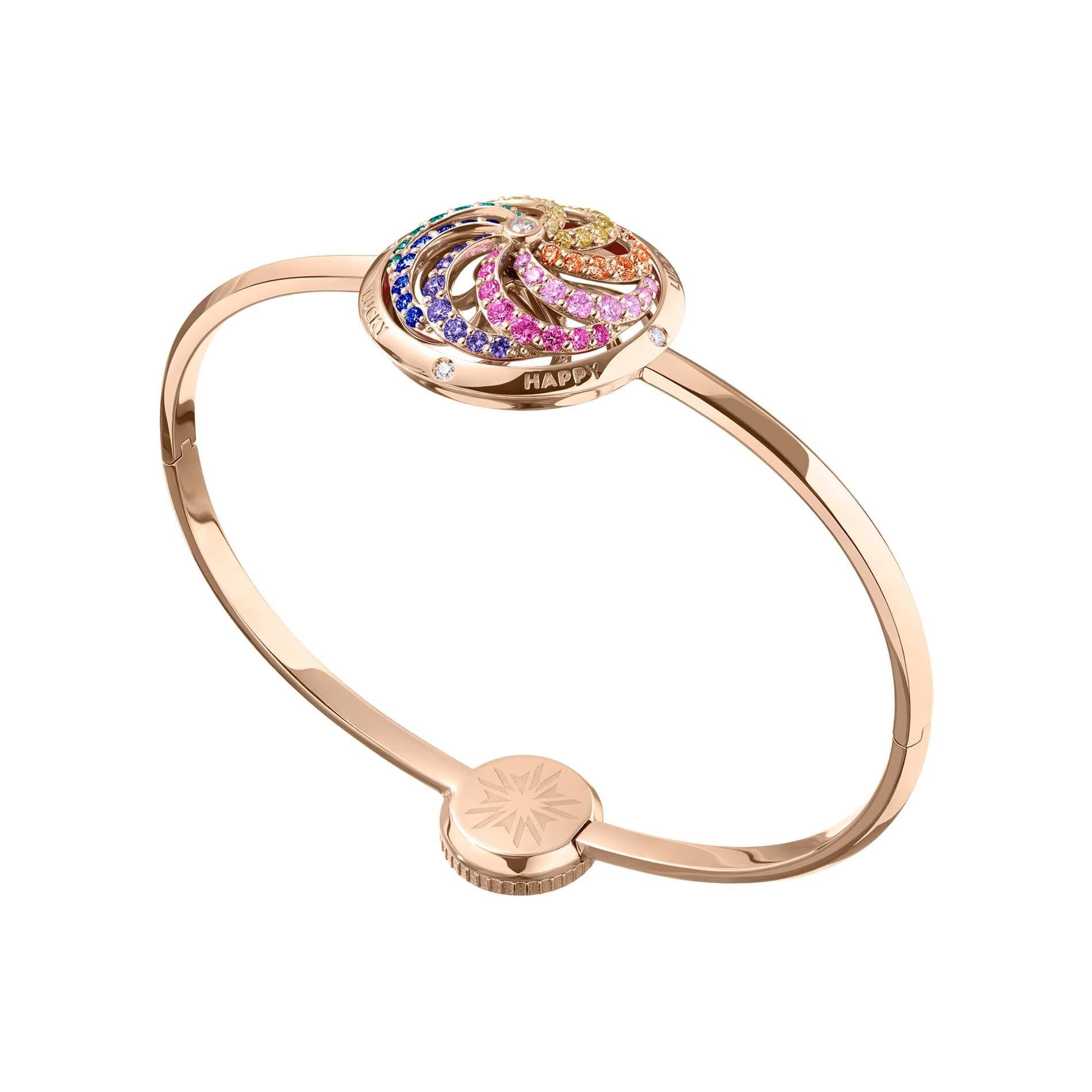 Taglio rotondo Bracciale Arcobaleno Cinetico della Fortuna in oro rosa con diamanti bianchi e pietre preziose. in vendita