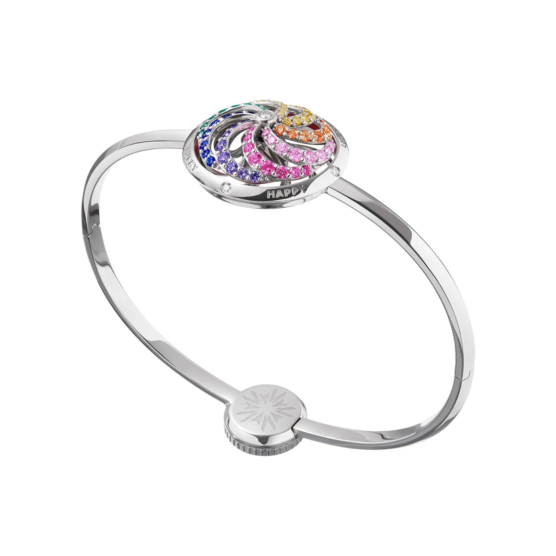 Make your own luck with our Fortune Rainbow bracelet. This contemporary 18ct white gold Fortune Rainbow kinetic bracelet is a playful take on the Wheel of Fortune. Loving designed with Sybarite’s signature Kinetic element and studded with multi-hued