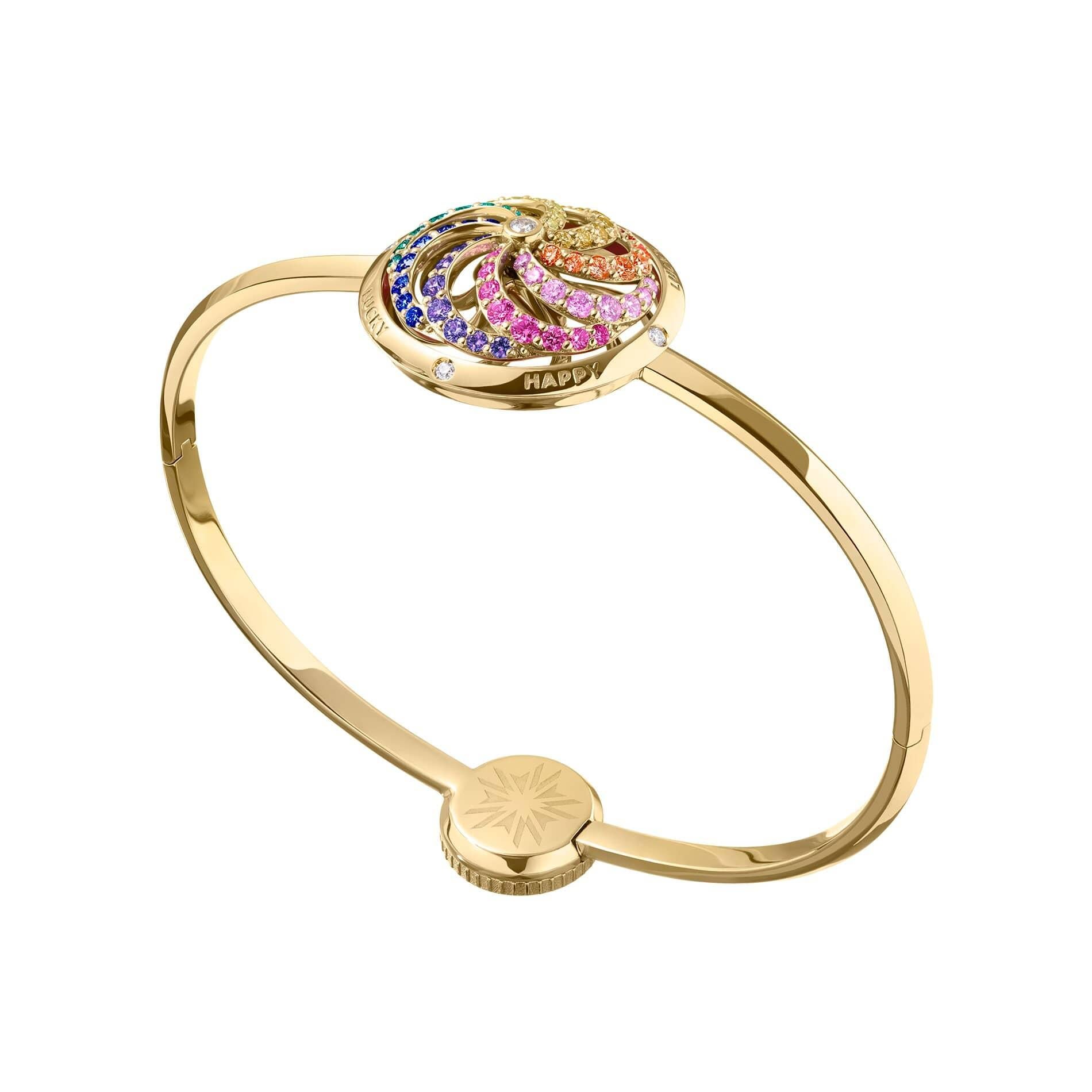 Make your own luck with our Fortune Rainbow bracelet. This contemporary 18ct yellow gold Fortune Rainbow kinetic bracelet is a playful take on the Wheel of Fortune. Loving designed with Sybarite’s signature Kinetic element and studded with
