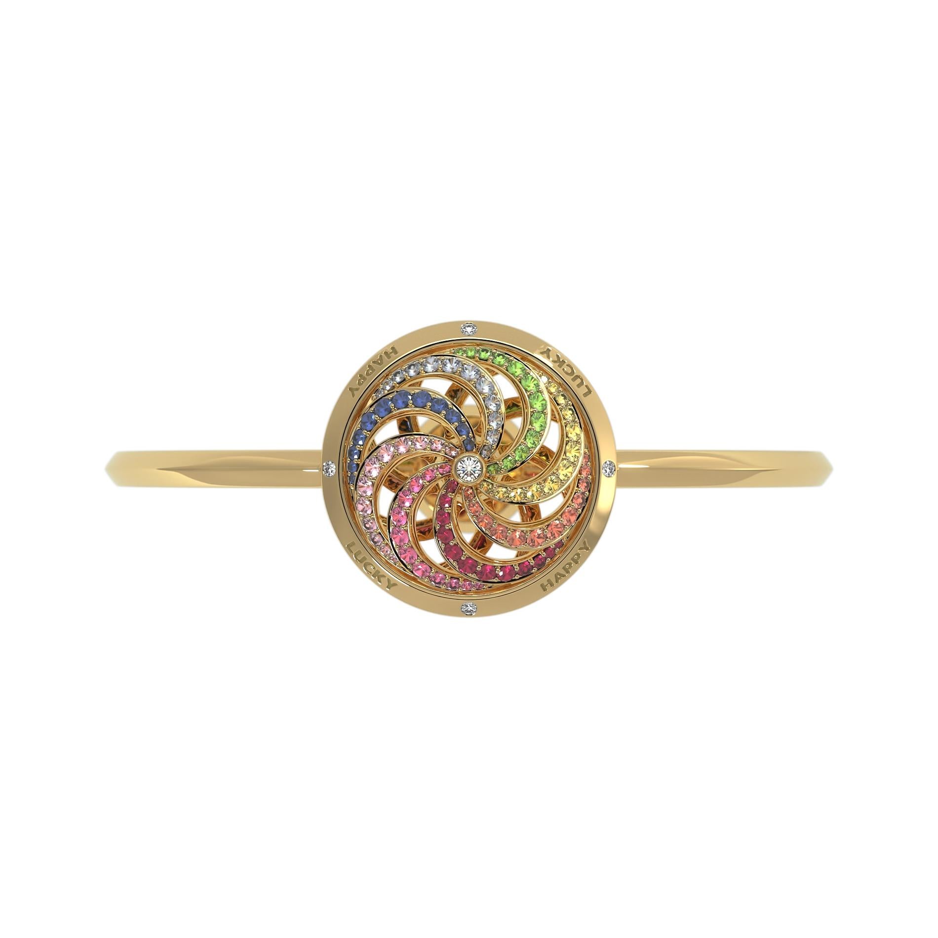 Contemporary Fortune Kinetic Rainbow Bracelet in Yellow Gold with White Diamonds & Precious For Sale