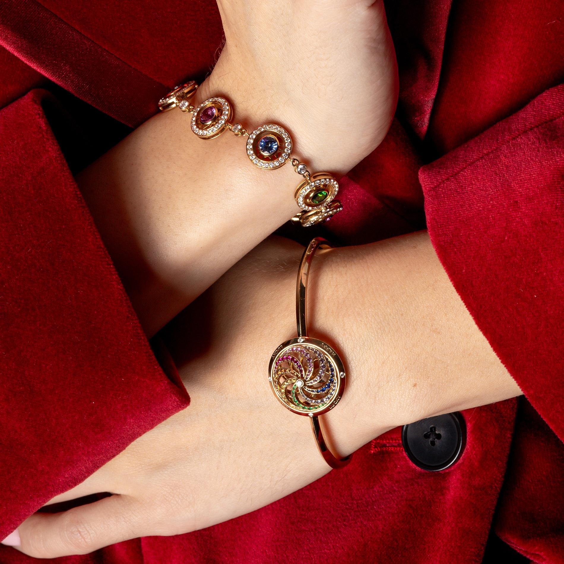 Fortune Kinetic Rainbow Bracelet in Yellow Gold with White Diamonds & Precious For Sale 3