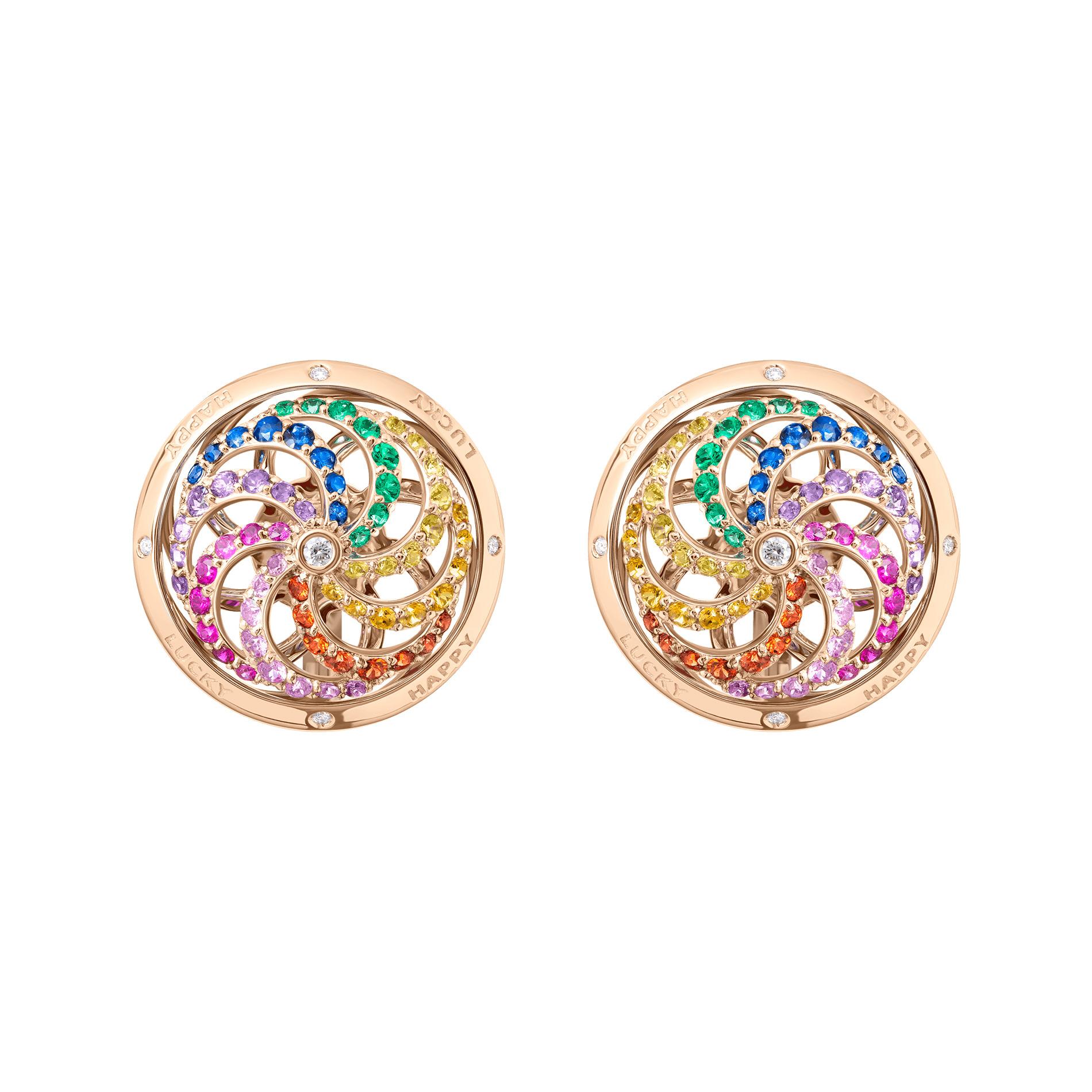 Contemporary Fortune Kinetic Rainbow Earrings in Rose Gold with White Gold & Precious Stones For Sale