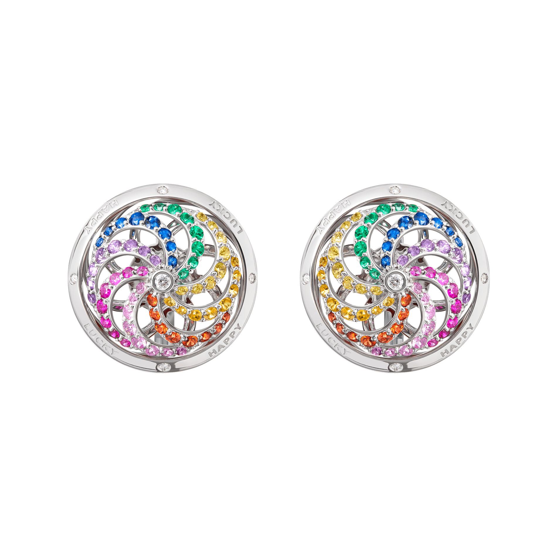 Contemporary Fortune Kinetic Rainbow Earrings in White Gold with White Diamonds & Precious St For Sale