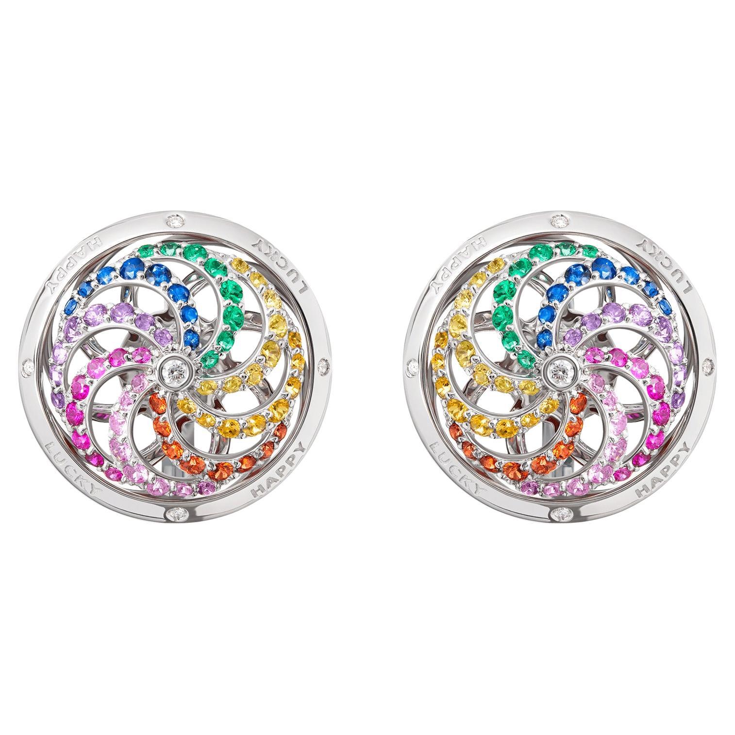 Fortune Kinetic Rainbow Earrings in White Gold with White Diamonds & Precious St For Sale